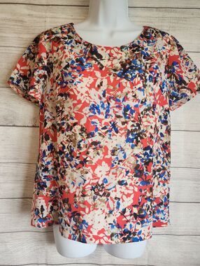 J Crew S Abstract Floral Blouse Coral Blue Lightweight Casual Chic Top